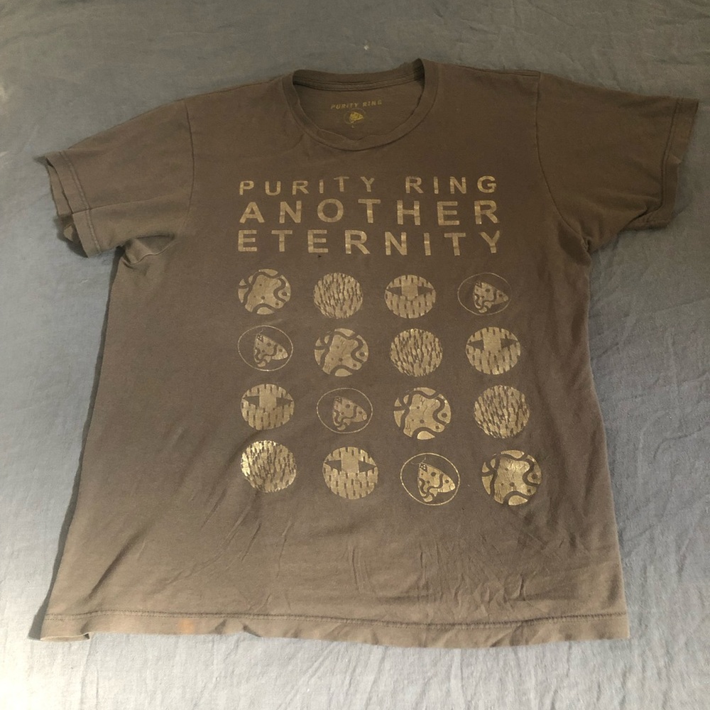Purity Ring band tee, size L, dark grey with gold graphic print